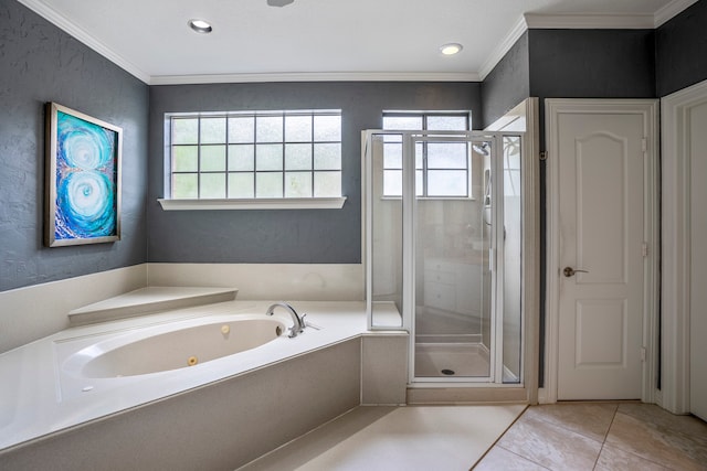 bathroom with tile patterned flooring, ornamental molding, and separate shower and tub