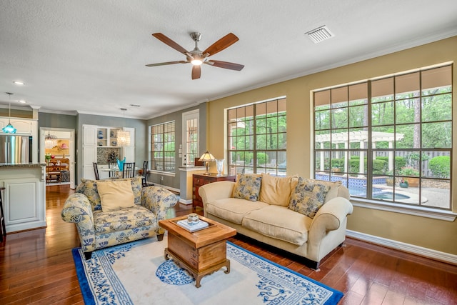 living room featuring dark hardwood / wood-style flooring, a textured ceiling, and crown molding