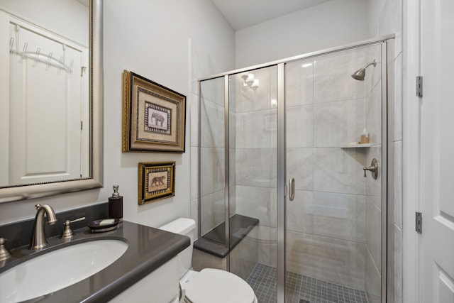 bathroom with vanity, toilet, and a shower with shower door