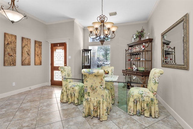 sitting room featuring tile patterned floors, an inviting chandelier, and ornamental molding