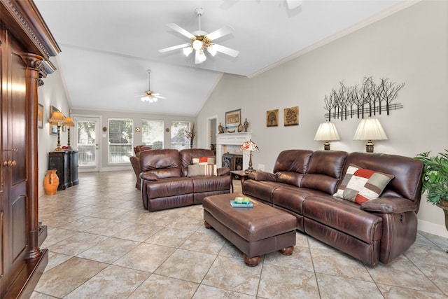 tiled living room with ornamental molding, ornate columns, ceiling fan, and lofted ceiling