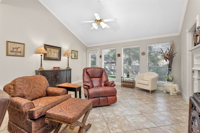 tiled living room with high vaulted ceiling, ceiling fan, and crown molding