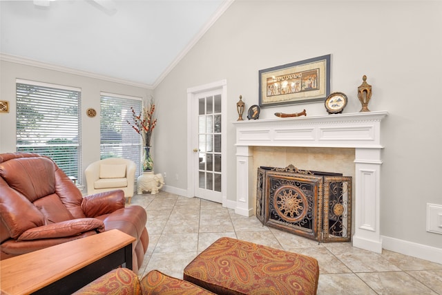 living room featuring high vaulted ceiling, ornamental molding, light tile patterned floors, and a tiled fireplace