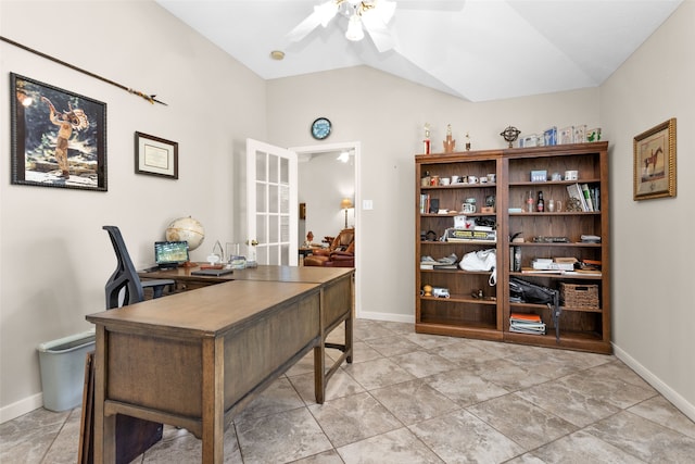 office space with ceiling fan, french doors, and vaulted ceiling