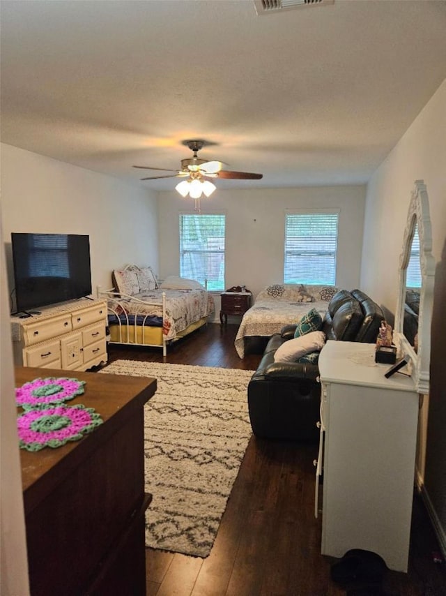 10438 Lauren Creek Dr, Baytown, TX 77523 - bedroom with multiple windows, dark wood-style floors, and a ceiling fan