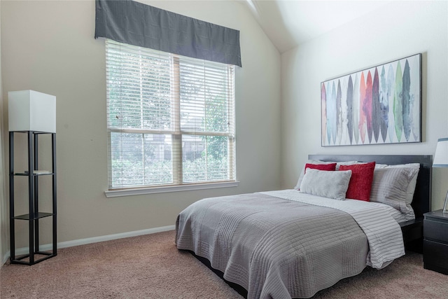 carpeted bedroom with multiple windows and vaulted ceiling