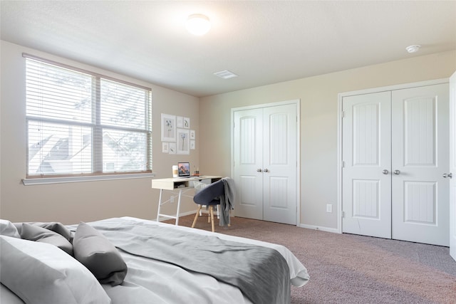 carpeted bedroom with multiple closets