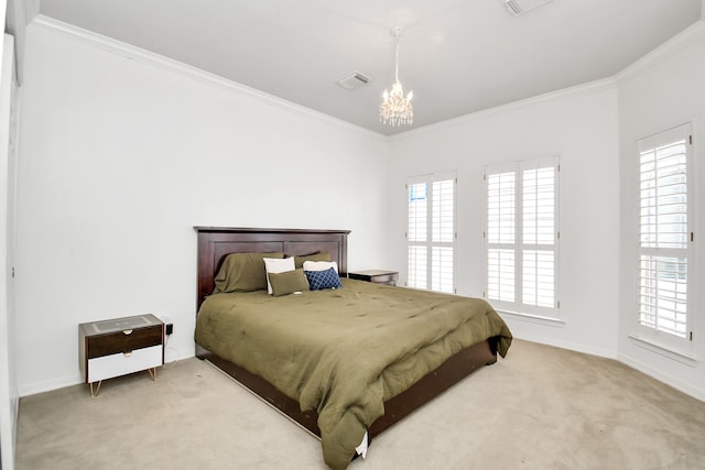 carpeted bedroom featuring a notable chandelier and ornamental molding