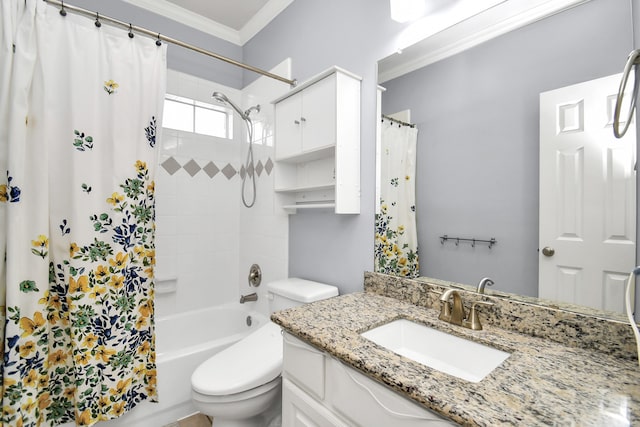 full bathroom with toilet, vanity, shower / bath combo, and ornamental molding