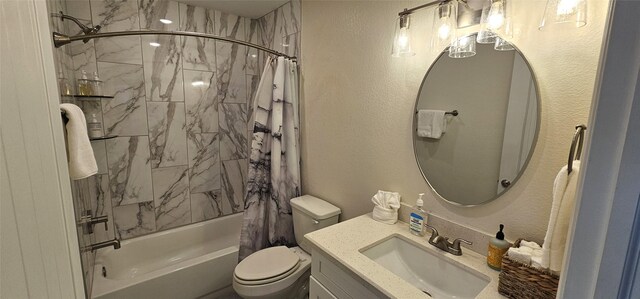 18103 Shaman Dr, Galveston, TX 77554 - bathroom with shower / bathtub combination with curtain, vanity, and toilet
