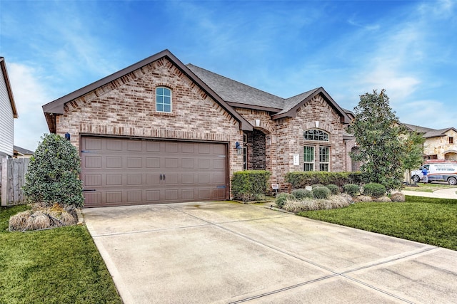 3614 Daintree Park Dr, Katy, TX 77494 - french country style house featuring brick siding, concrete driveway, an attached garage, a front yard, and a shingled roof
