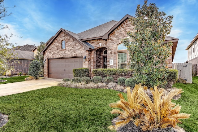 view of front of property featuring a garage and a front lawn