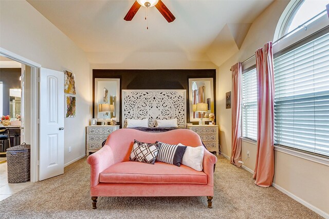 3614 Daintree Park Dr, Katy, TX 77494 - bedroom featuring light colored carpet, ceiling fan, lofted ceiling, and baseboards