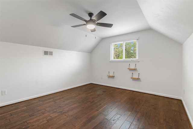 bonus room with dark hardwood / wood-style floors, ceiling fan, and lofted ceiling