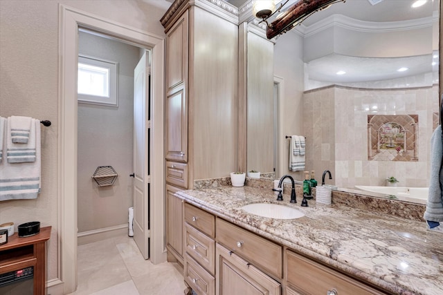 bathroom with vanity and crown molding