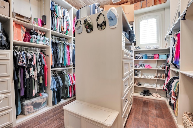 walk in closet with dark wood-type flooring