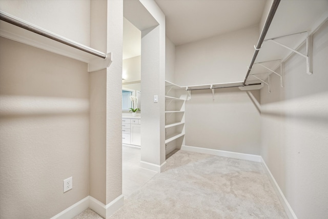 walk in closet featuring light carpet