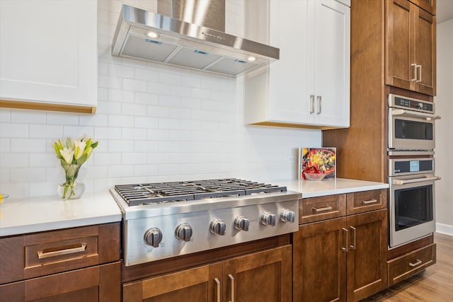 kitchen with range hood, light wood-type flooring, appliances with stainless steel finishes, and decorative backsplash