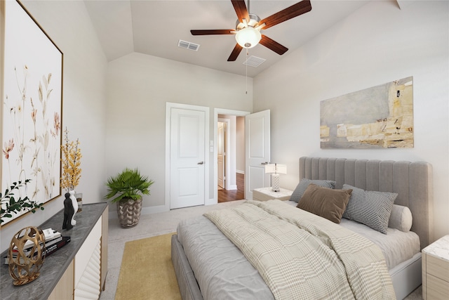 bedroom with ceiling fan and lofted ceiling