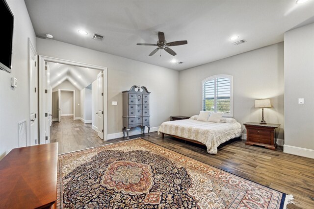 bedroom with ceiling fan and light wood-type flooring