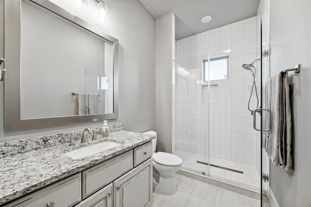 full bath featuring toilet, vanity, and a shower stall