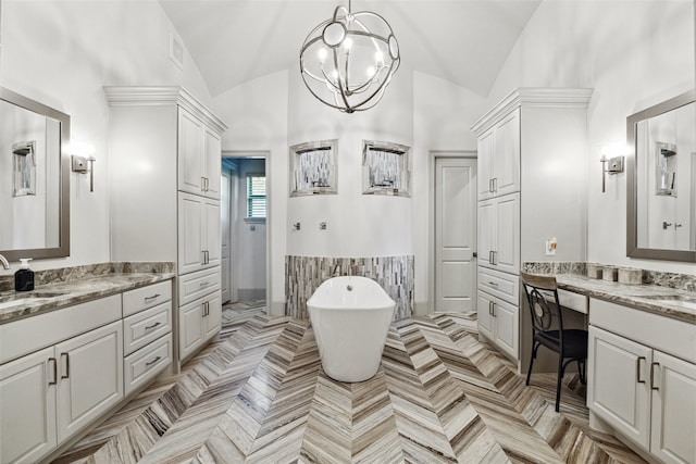 bathroom featuring parquet flooring, vanity, high vaulted ceiling, and a tub