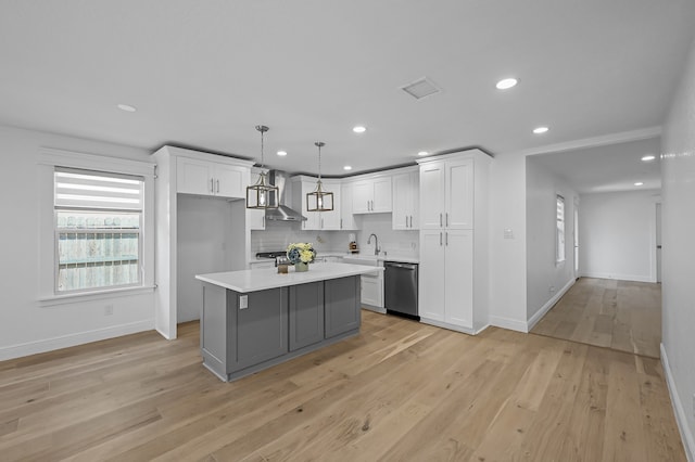 kitchen featuring appliances with stainless steel finishes, backsplash, white cabinetry, and hanging light fixtures