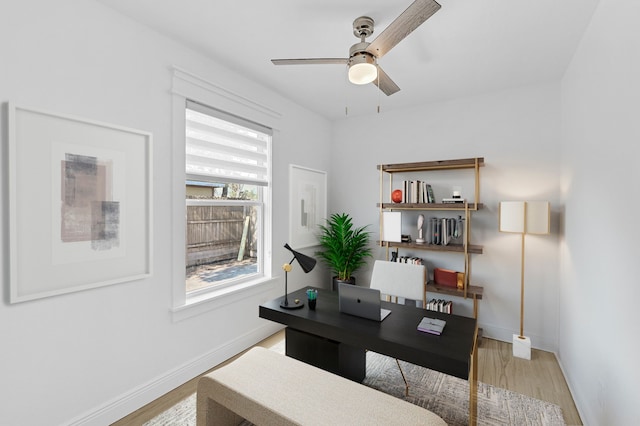 office with ceiling fan and light hardwood / wood-style floors