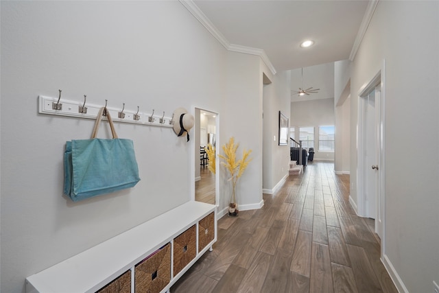 mudroom featuring ceiling fan, ornamental molding, and hardwood / wood-style flooring