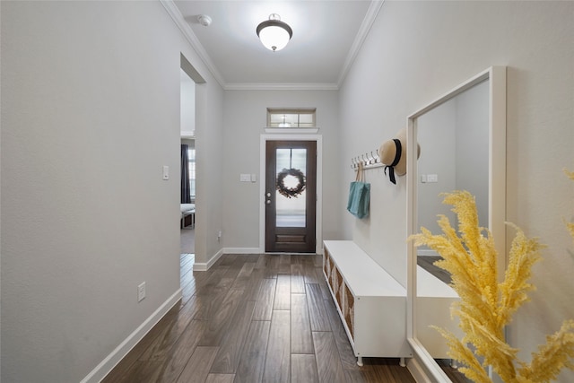 mudroom featuring ornamental molding and dark hardwood / wood-style flooring