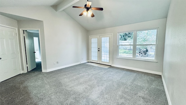 carpeted empty room with vaulted ceiling with beams, ceiling fan, and french doors