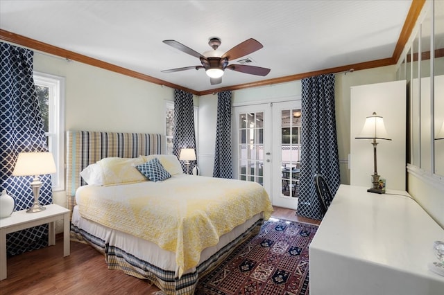 bedroom with hardwood / wood-style flooring, access to outside, crown molding, french doors, and ceiling fan