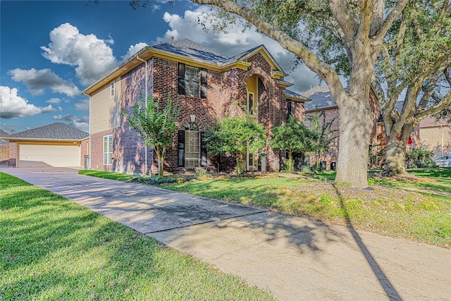 view of front of property featuring a front yard and a garage