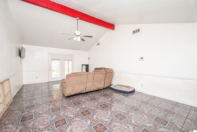 living room with vaulted ceiling with beams and ceiling fan