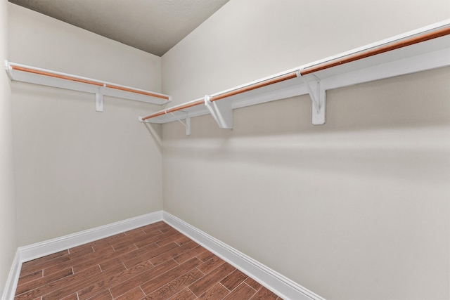 walk in closet with dark wood-type flooring