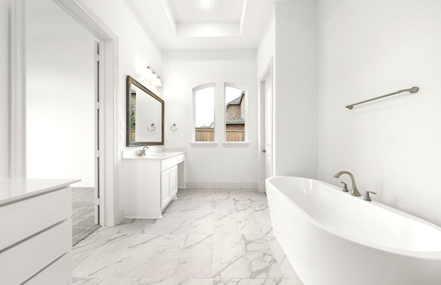 bathroom featuring a raised ceiling, a bathing tub, and vanity