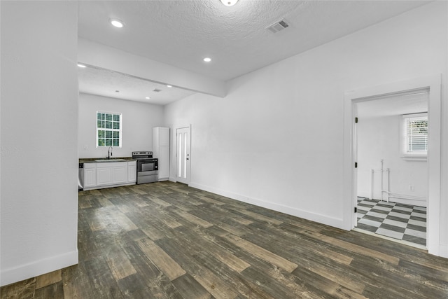 unfurnished living room with a wealth of natural light, sink, dark wood-type flooring, and a textured ceiling