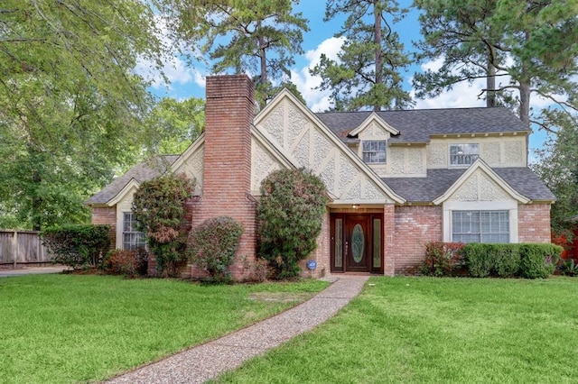 tudor home with a front lawn