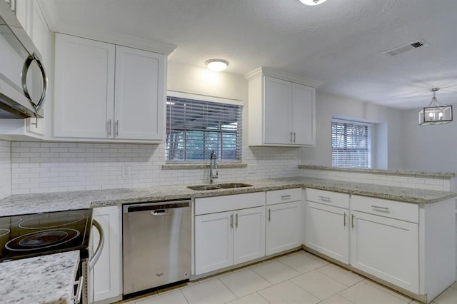 kitchen with decorative backsplash, stainless steel appliances, sink, decorative light fixtures, and white cabinetry