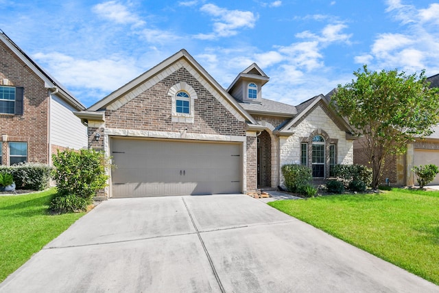 view of front of house with a front yard and a garage