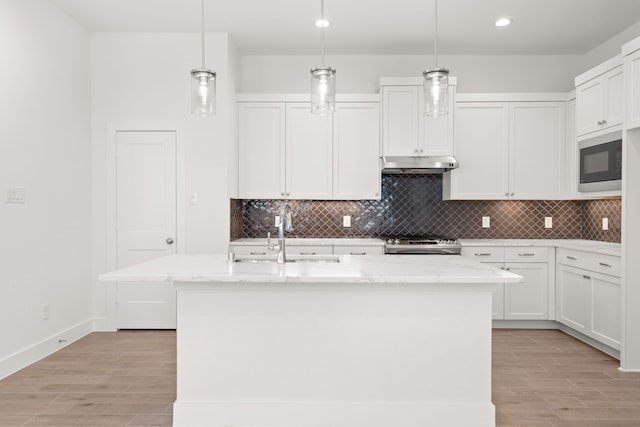 kitchen with white cabinets, sink, and a kitchen island with sink