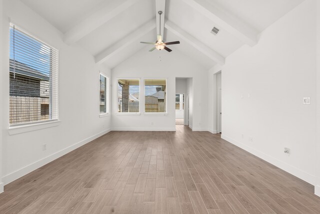 unfurnished living room featuring ceiling fan, lofted ceiling with beams, and light wood-type flooring