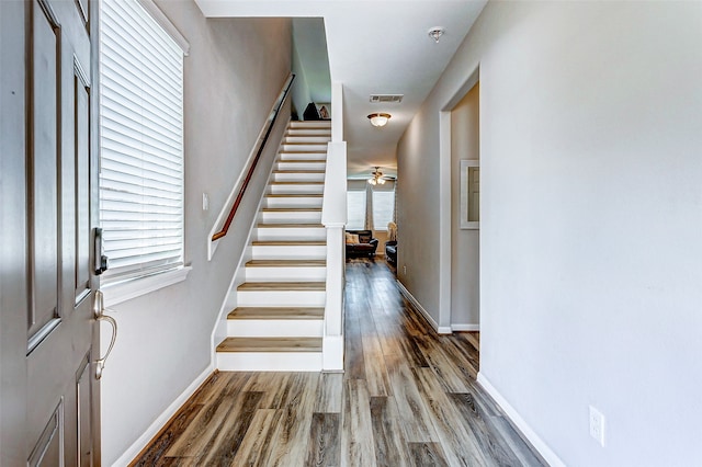 foyer with hardwood / wood-style floors and ceiling fan