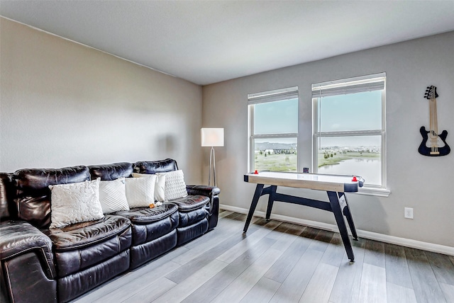 living room featuring light hardwood / wood-style floors and a water view