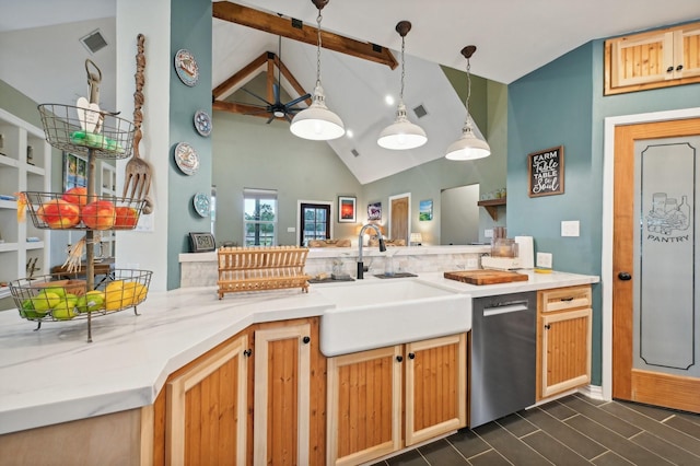 kitchen featuring dishwasher, sink, high vaulted ceiling, kitchen peninsula, and pendant lighting