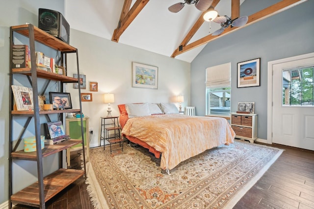 bedroom with vaulted ceiling with beams, ceiling fan, and dark hardwood / wood-style flooring