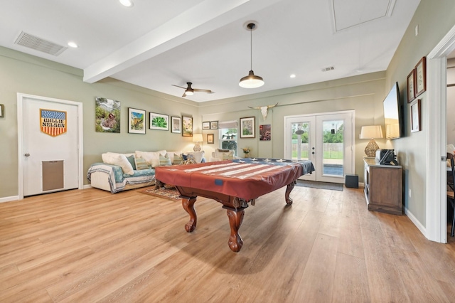 game room featuring french doors, billiards, light hardwood / wood-style flooring, ceiling fan, and beamed ceiling