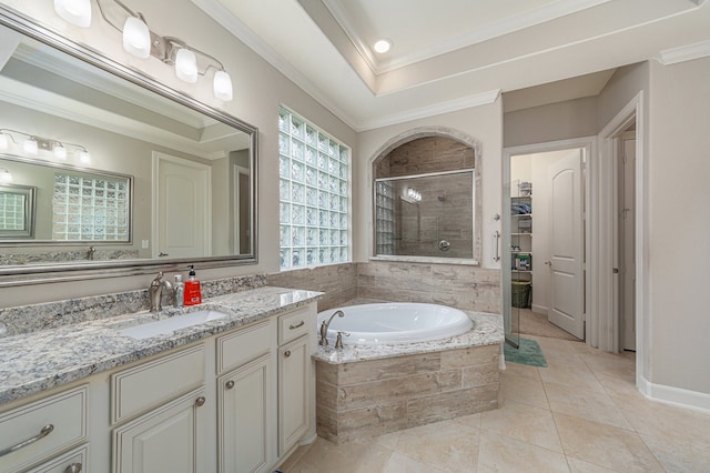 bathroom with shower with separate bathtub, vanity, tile patterned floors, and ornamental molding