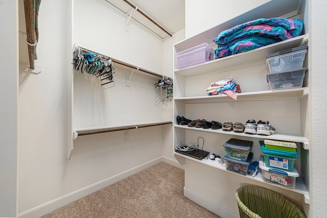 walk in closet featuring light carpet