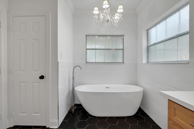 bathroom featuring crown molding, tile patterned flooring, a bath, and tile walls